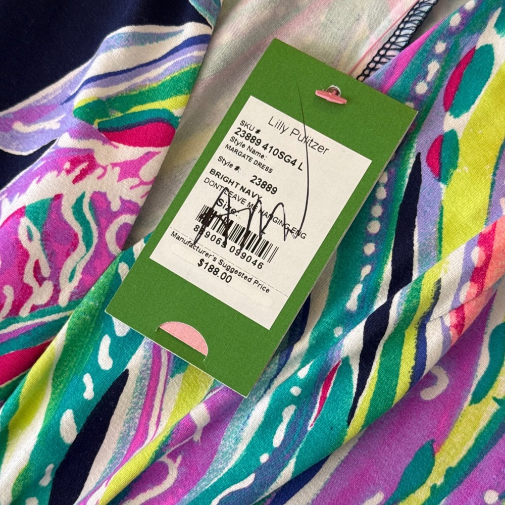 Lilly Pulitzer Margate Dress Bright Navy Dont Leave Me Hanging Floral Large - Picture 4 of 10
